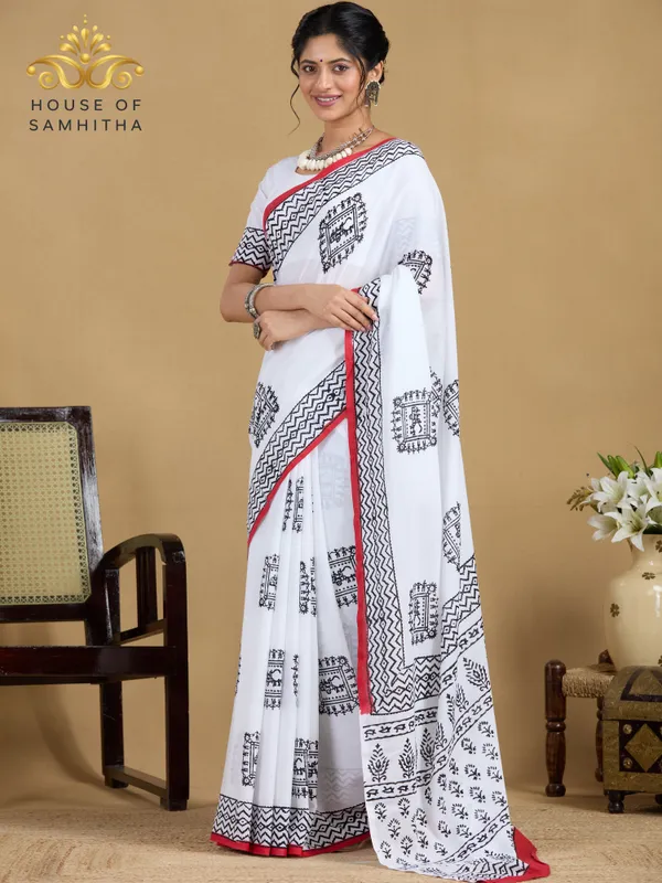 Pristine_White_Pure_Jaipuri_Cotton_Saree_With_Traditional_Hand-Block_Prints_And_Contrast_Border
