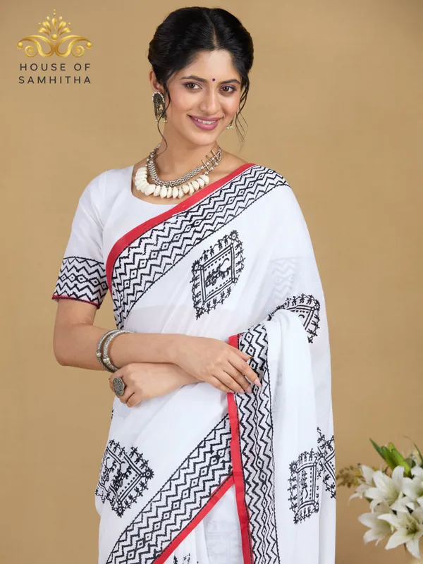 Pristine_White_Pure_Jaipuri_Cotton_Saree_With_Traditional_Hand-Block_Prints_And_Contrast_Border