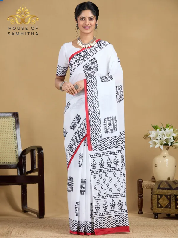 Pristine_White_Pure_Jaipuri_Cotton_Saree_With_Traditional_Hand-Block_Prints_And_Contrast_Border