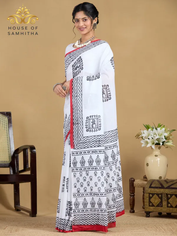 Pristine_White_Pure_Jaipuri_Cotton_Saree_With_Traditional_Hand-Block_Prints_And_Contrast_Border