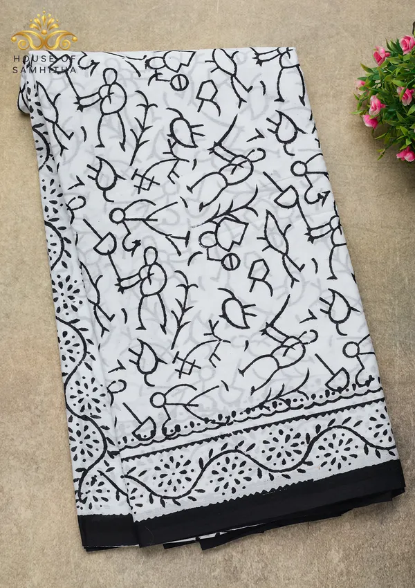 Artistic_White_Pure_Jaipuri_Cotton_Saree_With_Traditional_Black_Warli_Hand-Block_Prints