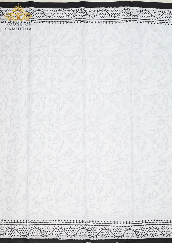 Artistic_White_Pure_Jaipuri_Cotton_Saree_With_Traditional_Black_Warli_Hand-Block_Prints