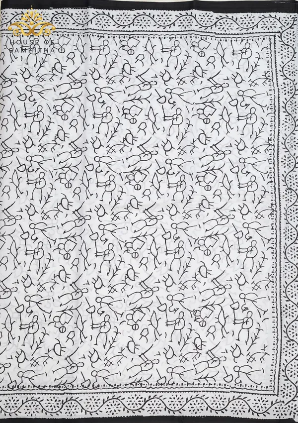 Artistic_White_Pure_Jaipuri_Cotton_Saree_With_Traditional_Black_Warli_Hand-Block_Prints