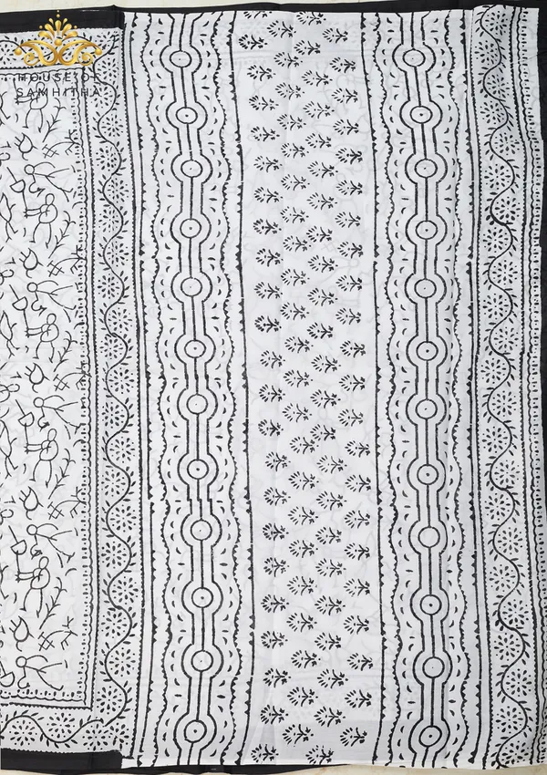 Artistic_White_Pure_Jaipuri_Cotton_Saree_With_Traditional_Black_Warli_Hand-Block_Prints