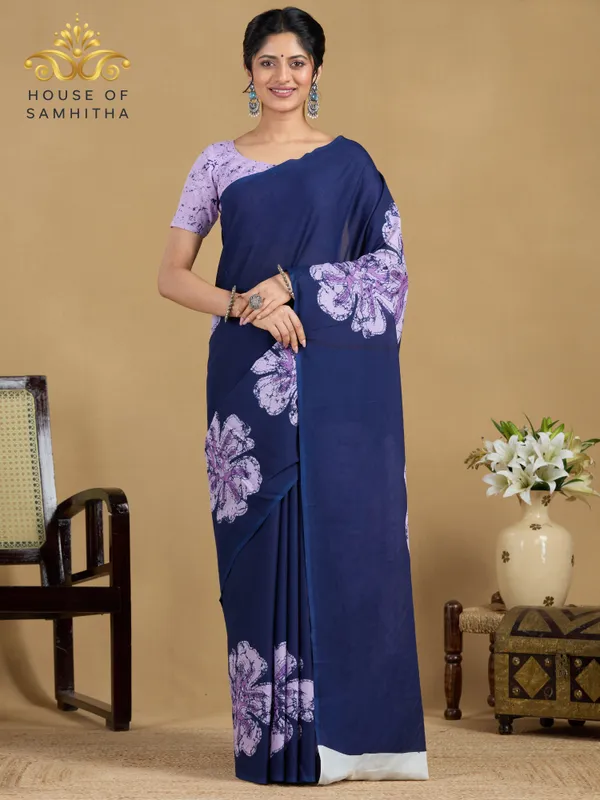 Navy_Blue_Pure_Jaipuri_Cotton_Saree_With_Contemporary_Lavender_Floral_Pigment_Prints