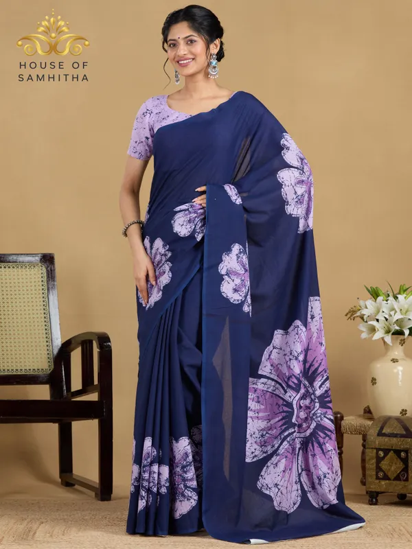 Navy_Blue_Pure_Jaipuri_Cotton_Saree_With_Contemporary_Lavender_Floral_Pigment_Prints