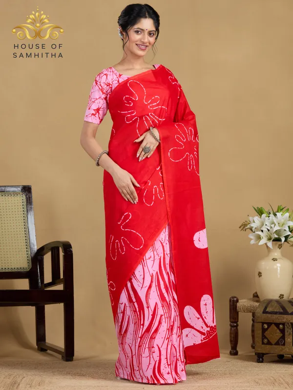 Bright_Red_Pure_Jaipuri_Cotton_Saree_With_Contemporary_Pink_Floral_Pigment_Prints
