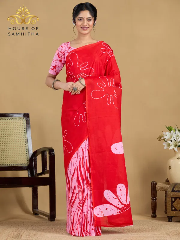 Bright_Red_Pure_Jaipuri_Cotton_Saree_With_Contemporary_Pink_Floral_Pigment_Prints
