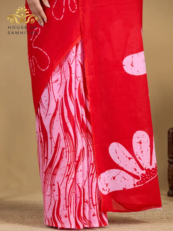 Bright_Red_Pure_Jaipuri_Cotton_Saree_With_Contemporary_Pink_Floral_Pigment_Prints