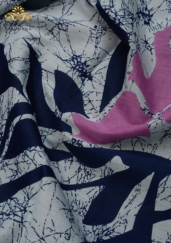 Modern_Grey_Pure_Jaipuri_Cotton_Saree_With_Navy_And_Lavender_Batik_Pigment_Prints