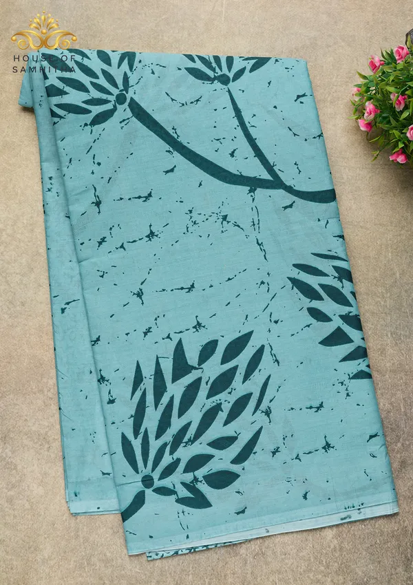 Refreshing_Sea_Green_Pure_Jaipuri_Cotton_Saree_With_Dark_Teal_Batik_Pigment_Prints