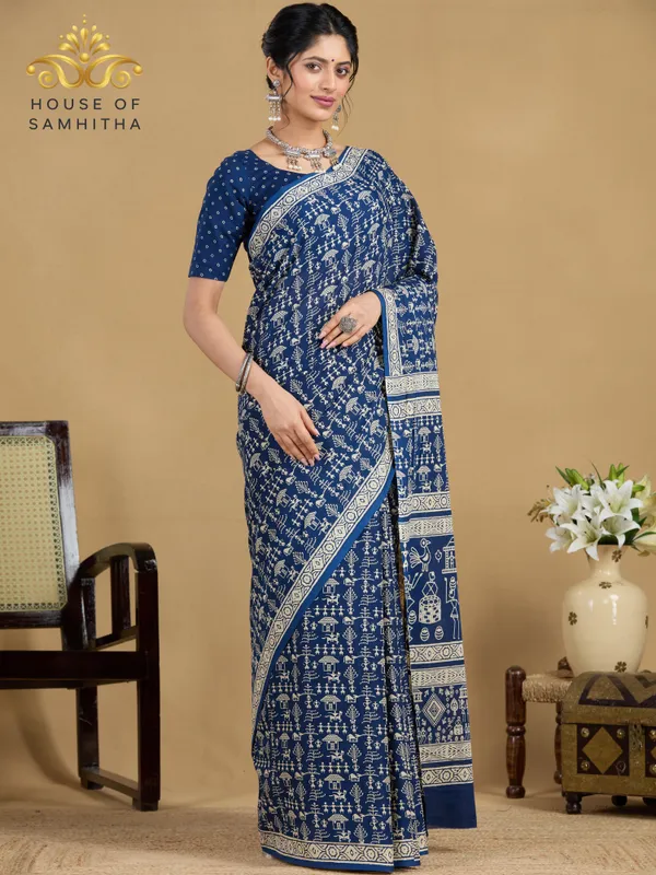 Classic_Indigo_Blue_Pure_Jaipuri_Cotton_Saree_With_Traditional_Cream_Warli_Hand-Block_Prints