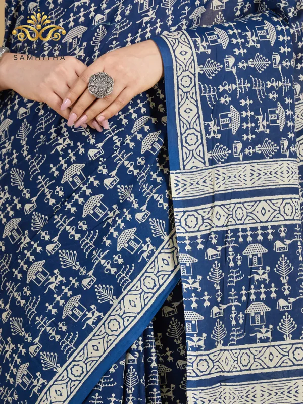 Classic_Indigo_Blue_Pure_Jaipuri_Cotton_Saree_With_Traditional_Cream_Warli_Hand-Block_Prints
