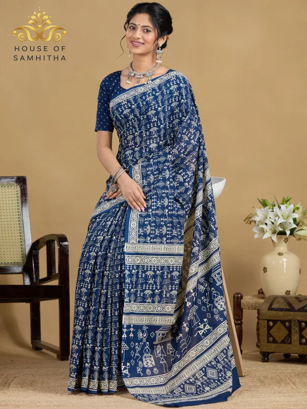 Classic_Indigo_Blue_Pure_Jaipuri_Cotton_Saree_With_Traditional_Cream_Warli_Hand-Block_Prints