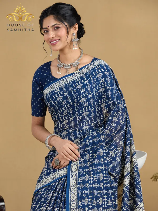 Classic_Indigo_Blue_Pure_Jaipuri_Cotton_Saree_With_Traditional_Cream_Warli_Hand-Block_Prints