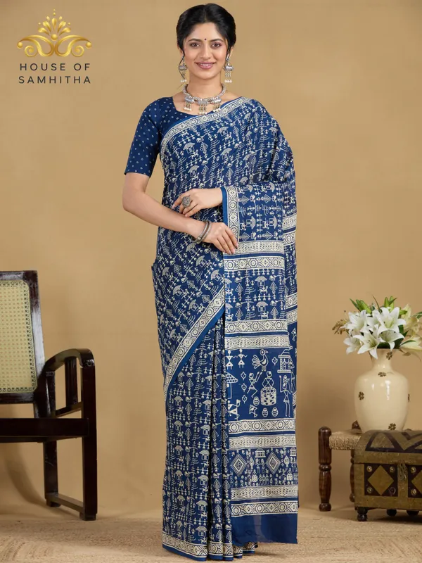Classic_Indigo_Blue_Pure_Jaipuri_Cotton_Saree_With_Traditional_Cream_Warli_Hand-Block_Prints
