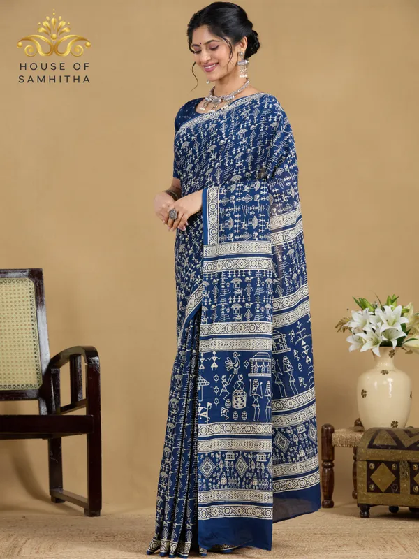 Classic_Indigo_Blue_Pure_Jaipuri_Cotton_Saree_With_Traditional_Cream_Warli_Hand-Block_Prints