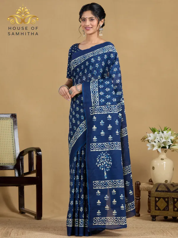 Classic_Indigo_Blue_Pure_Jaipuri_Cotton_Saree_With_Hand-Block_Floral_And_Tree_Of_Life_Prints