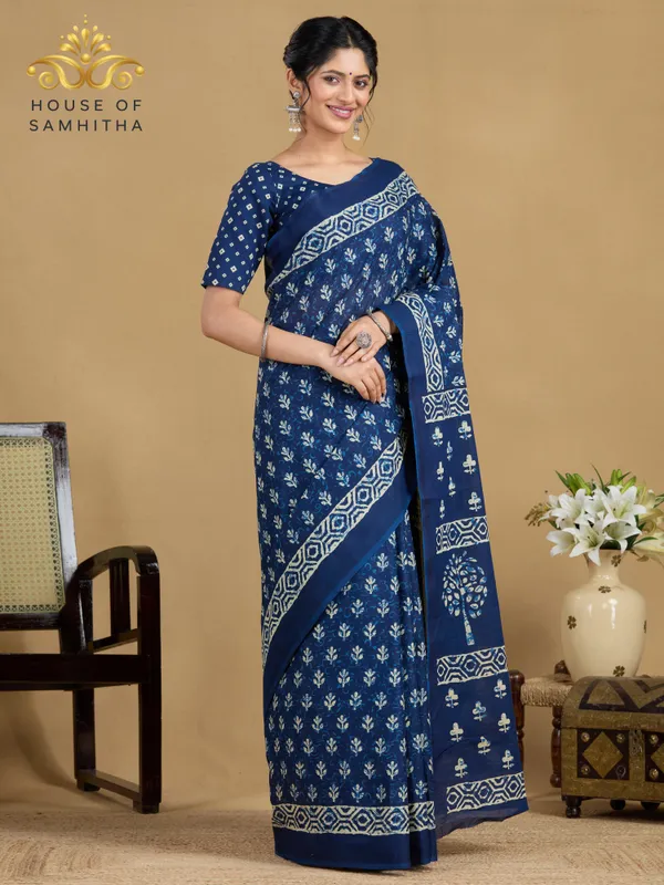 Classic_Indigo_Blue_Pure_Jaipuri_Cotton_Saree_With_Hand-Block_Floral_And_Tree_Of_Life_Prints