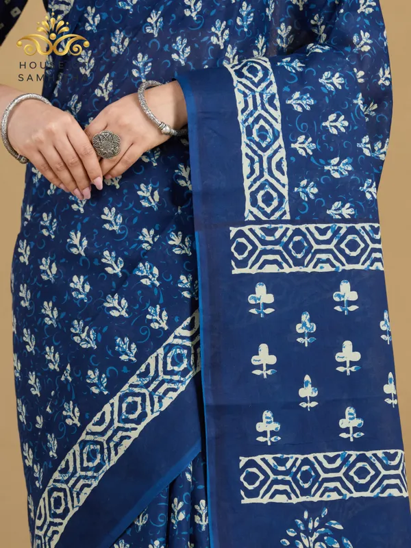 Classic_Indigo_Blue_Pure_Jaipuri_Cotton_Saree_With_Hand-Block_Floral_And_Tree_Of_Life_Prints