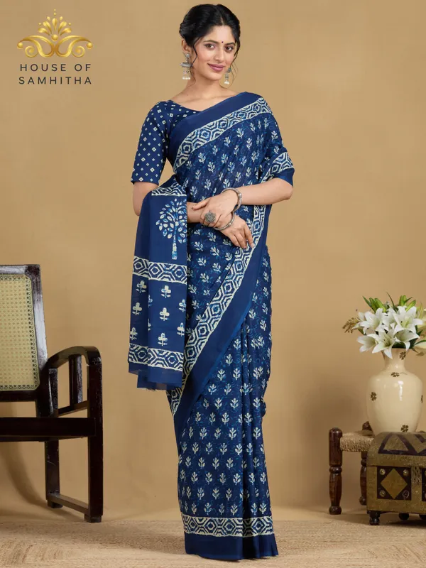 Classic_Indigo_Blue_Pure_Jaipuri_Cotton_Saree_With_Hand-Block_Floral_And_Tree_Of_Life_Prints