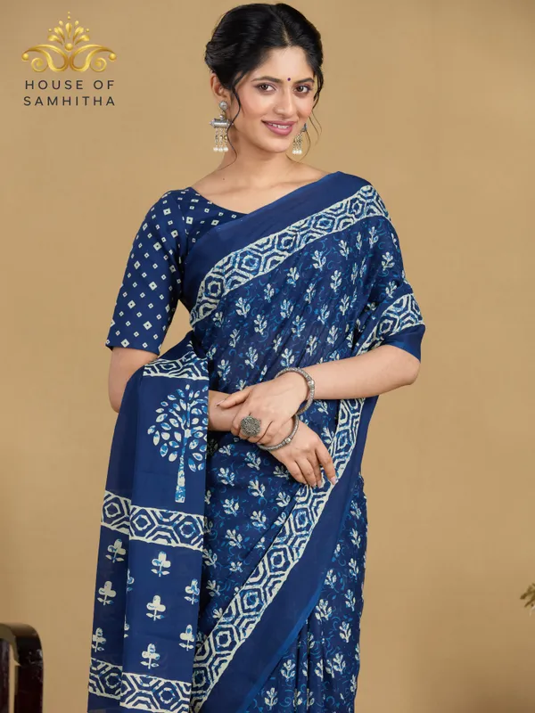 Classic_Indigo_Blue_Pure_Jaipuri_Cotton_Saree_With_Hand-Block_Floral_And_Tree_Of_Life_Prints