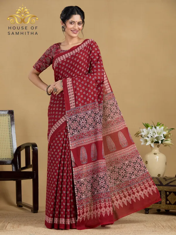 Classic_Maroon_Pure_Jaipuri_Cotton_Saree_With_Elegant_Hand-Block_Ajrakh_Inspired_Prints