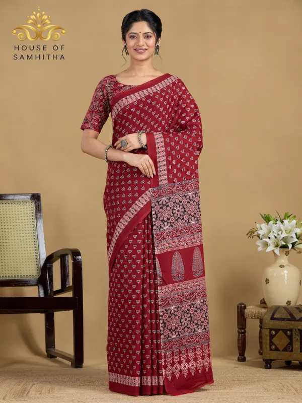 Classic_Maroon_Pure_Jaipuri_Cotton_Saree_With_Elegant_Hand-Block_Ajrakh_Inspired_Prints