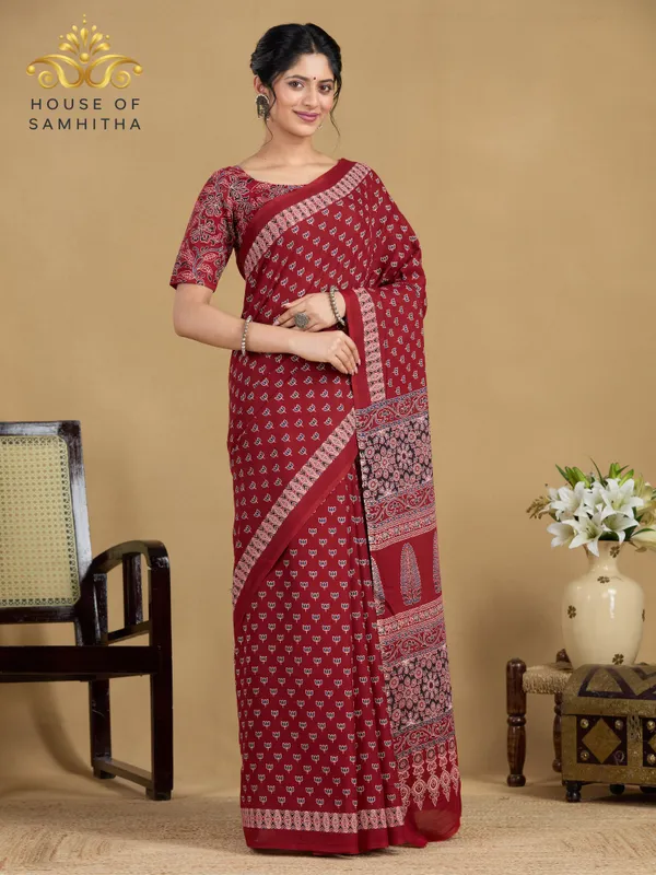 Classic_Maroon_Pure_Jaipuri_Cotton_Saree_With_Elegant_Hand-Block_Ajrakh_Inspired_Prints