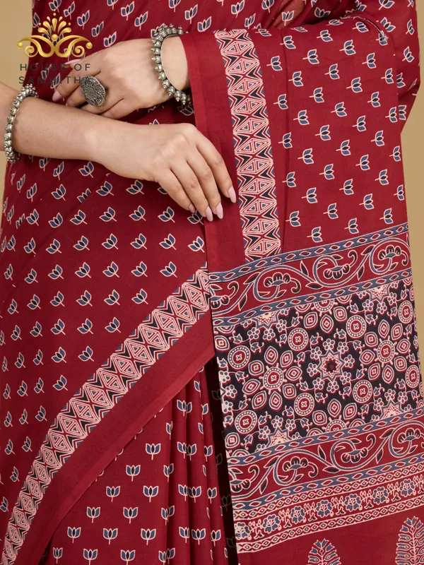 Classic_Maroon_Pure_Jaipuri_Cotton_Saree_With_Elegant_Hand-Block_Ajrakh_Inspired_Prints