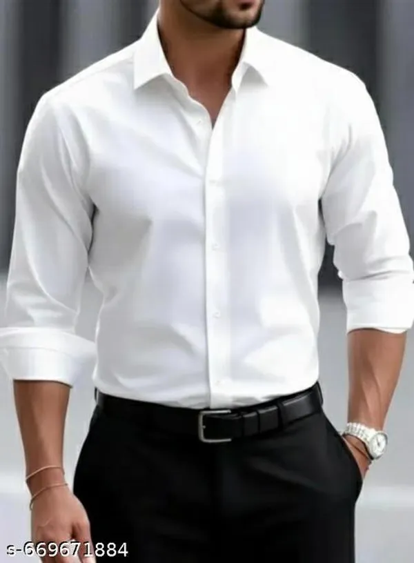 White_Cotton_Blend_Solid_Shirt_For_Men