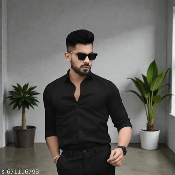 Black_Cotton_Blend_Solid_Shirt_For_Men