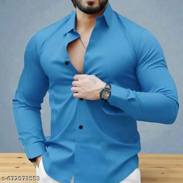 Aqua_Blue_Cotton_Blend_Solid_Shirt_For_Men