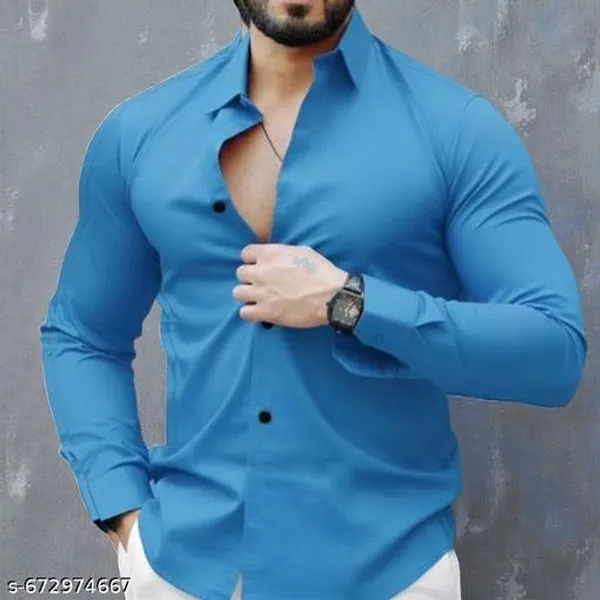 Aqua_Blue_Cotton_Blend_Solid_Shirt_For_Men