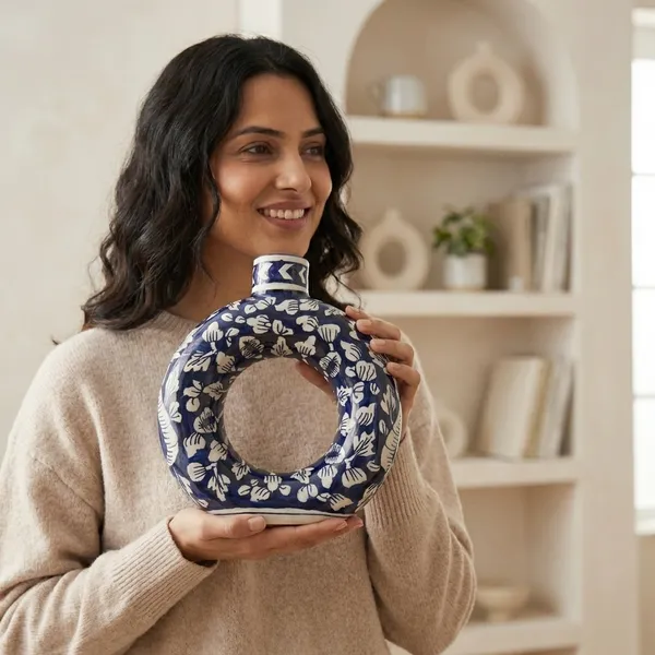Blue_And_White_Ceramic_Dougnut_Vase_Mughal