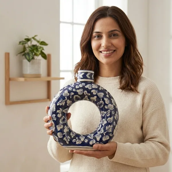 Blue_And_White_Ceramic_Dougnut_Vase_Mughal