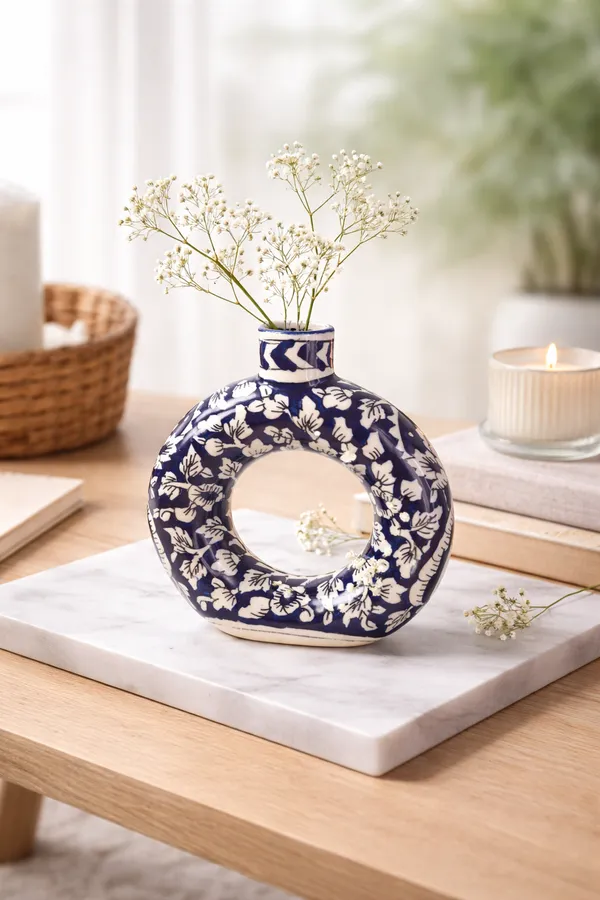 Blue_And_White_Ceramic_Dougnut_Vase_Mughal