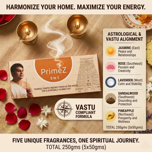 PrimeZ_5-in-1_Premium_Incense_Sticks_Combo__Rose,_Pineapple,_Jasmine,_Sandalwood_&_Lavender_|_Vastu-Compliant_Triangle_Agarbatti_for_Puja_&_Meditation