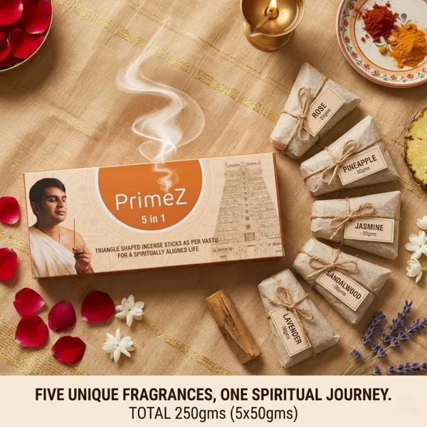 PrimeZ_5-in-1_Premium_Incense_Sticks_Combo__Rose,_Pineapple,_Jasmine,_Sandalwood_&_Lavender_|_Vastu-Compliant_Triangle_Agarbatti_for_Puja_&_Meditation