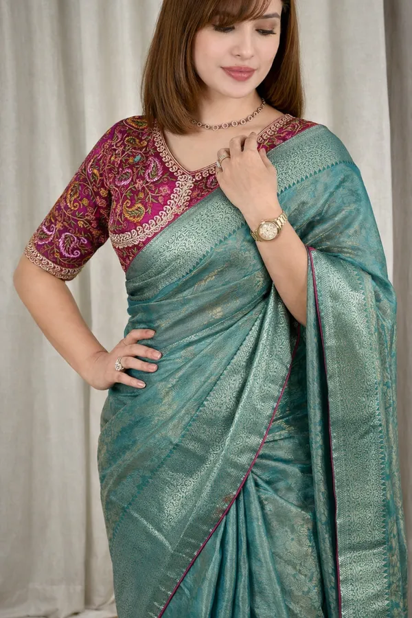 Teal_Fandy_Satin_Saree_For_Women