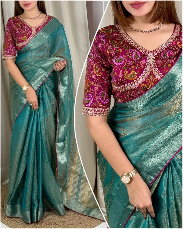 Teal_Fandy_Satin_Saree_For_Women