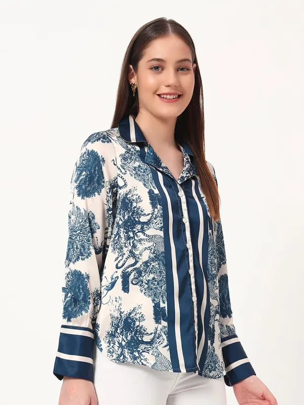 Blue_&_White_Satin_Premium_and_Elegant_Chic_Printed_Satin_Shirt_For_Women