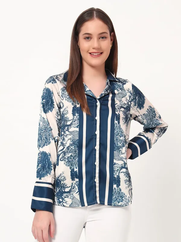 Blue_&_White_Satin_Premium_and_Elegant_Chic_Printed_Satin_Shirt_For_Women