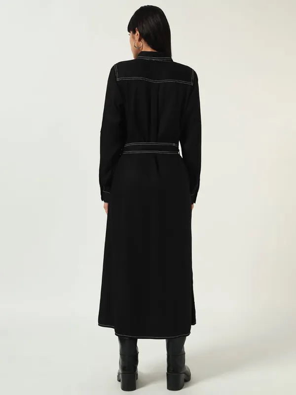 Black_Cotton_Premium_and_Elegant_Button-Down_Belted_Shirt_Dress_For_Women