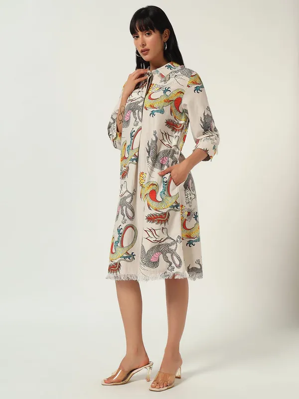 Cream_Cotton_Premium_and_Elegant_Dragon_Print_Shirt_Dress_For_Women