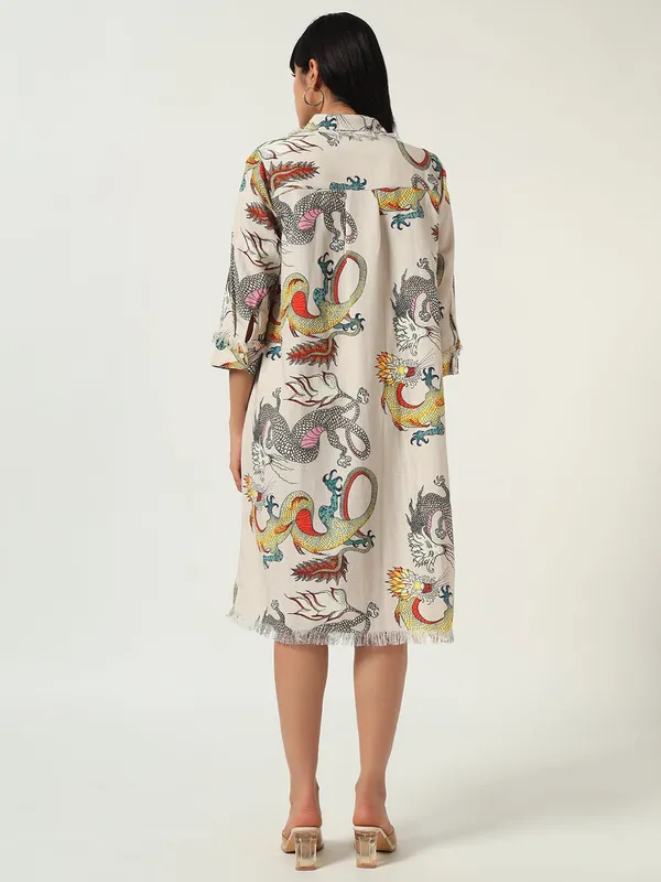 Cream_Cotton_Premium_and_Elegant_Dragon_Print_Shirt_Dress_For_Women