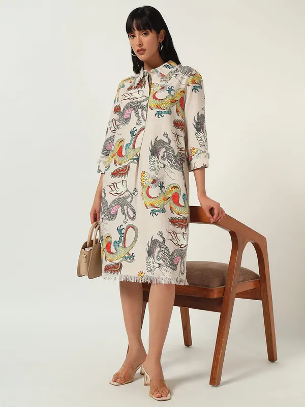 Cream_Cotton_Premium_and_Elegant_Dragon_Print_Shirt_Dress_For_Women