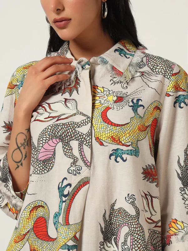Cream_Cotton_Premium_and_Elegant_Dragon_Print_Shirt_Dress_For_Women
