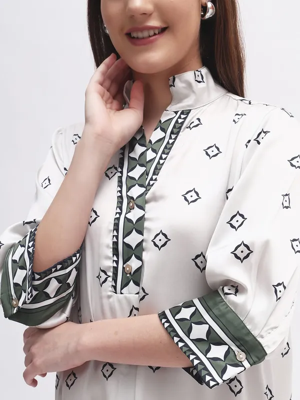 White_Cotton_Premium_and_Elegant_Geometric_Print_Tunic_Dress_For_Women