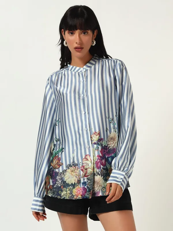 Blue_Cotton_Premium_and_Elegant_Striped_Floral_Shirt_For_Women